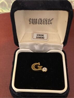 Vintage SWANK Initial G Monogram Tie Tack Lapel Pin Genuine Diamond with Box